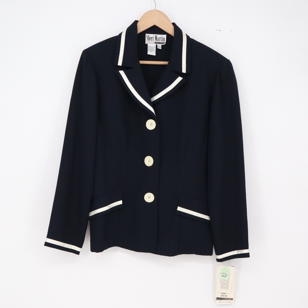 Sheri Martin Blazer Womens 16P Navy Blue White Contrast Trim NWT
